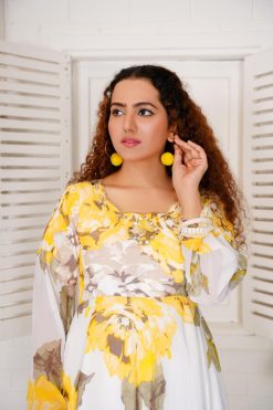 Yellow Chiffon Maxi Dress with Embroidered Neckline – Elegant Women’s Fashion