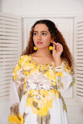 Yellow Chiffon Maxi Dress with Embroidered Neckline – Elegant Women’s Fashion