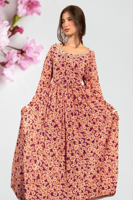 Elegant Purple Chiffon Frock with Embroidered Neckline and Lace Finishing – Women's Fashion