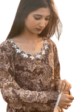 Elegant Brown Chiffon Frock with Embroidered Neckline and Lace Finishing – Women's Fashion