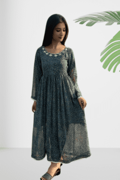 Elegant Sea Green Printed Chiffon Frock with Embroidered Neckline and Lace Finishing