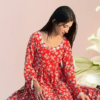 Elegant Red Chiffon Frock with Embroidered Neckline and Lace Finishing – Women's Fashion