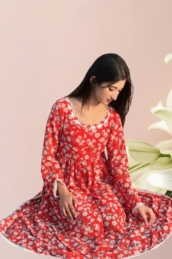 Elegant Red Chiffon Frock with Embroidered Neckline and Lace Finishing – Women's Fashion